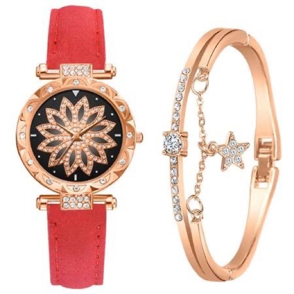 Accessories - New Red Starry Sky Luxury Leather Strap Rose Gold Sapphire Bracelet Watch Set
